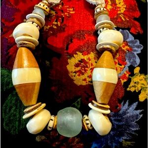 Twine & Twig wood and Aqua Glass Beads single layer necklace.